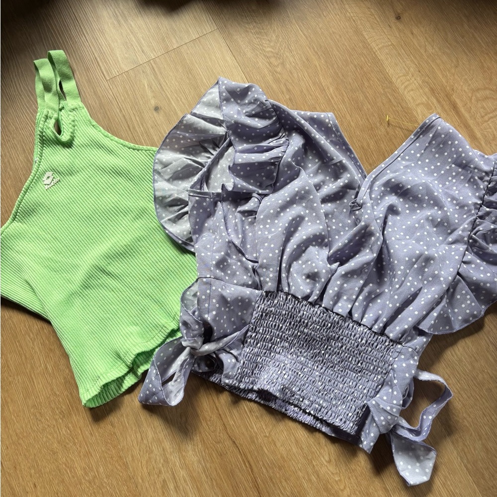 Green Ribbed Tank Top and Purple Polka Dot Blouse